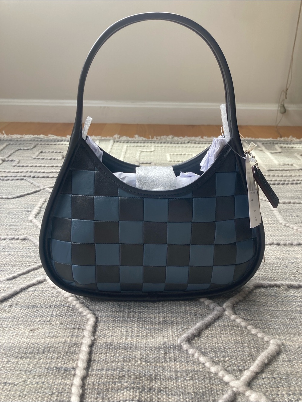 COACHTOPIA Woven Checker Hobo Shoulder Bag in Dark Blue and Black-Real Leather